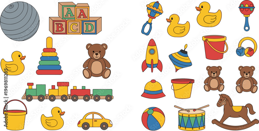 Fototapeta premium Bright and Playful Toy Set with Bears, Blocks, Cars, Ducks, Balloons, Drums, and Fun Childhood Items for Kids' Designs