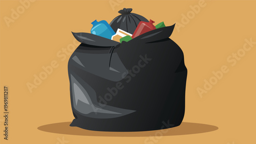A large, overflowing black garbage bag filled with various colorful plastic bottles, containers, and other trash, set against a simple orange-brown background