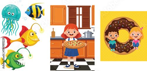Cute cartoon sea creatures, girl cooking pizza in kitchen, and kids inside donut dessert playful colorful vector illustration set