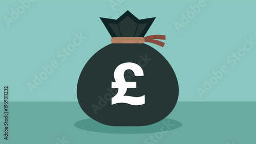 A stylized black money bag emblazoned with a white pound sterling symbol sits on a flat surface against a teal background, representing wealth, finance, or currency