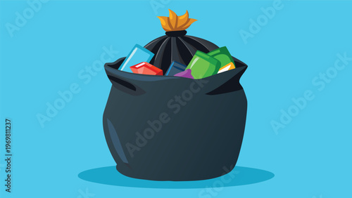 A large, overflowing black garbage bag filled with various colorful plastic bottles, containers, and other trash, set against a simple orange-brown background