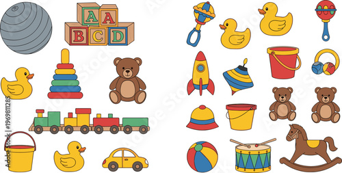 Bright and Playful Toy Set with Bears, Blocks, Cars, Ducks, Balloons, Drums, and Fun Childhood Items for Kids' Designs