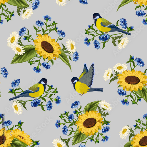 Birds and bouquets of sunflowers on a light background.Birds, sunflowers and cornflowers on a white background in a color vector pattern.