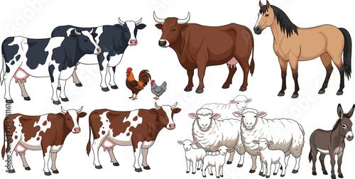 Farm animals collection including cows, bull, horse, sheep, lamb, rooster, chicken and donkey livestock agriculture cartoon vector illustration set