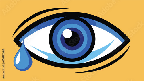 A stylized blue eye with a single tear rolling down, set against a yellow-orange background, conveying emotion and sadness