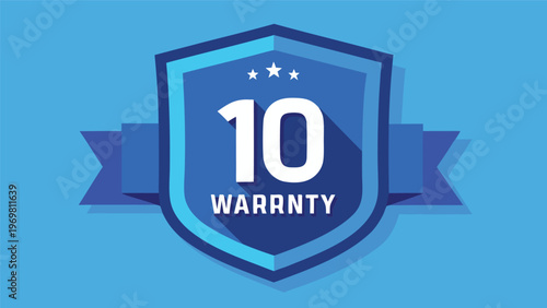 A blue shield emblem with "10 WARRNTY" and three stars, set against a light blue background with a darker blue ribbon banner, signifying a 10-year warranty or guarantee