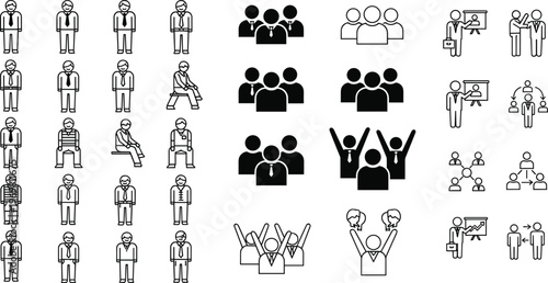 "Business People and Group Silhouettes Icons Set for Corporate, Teamwork, Leadership, and Collaboration Designs"