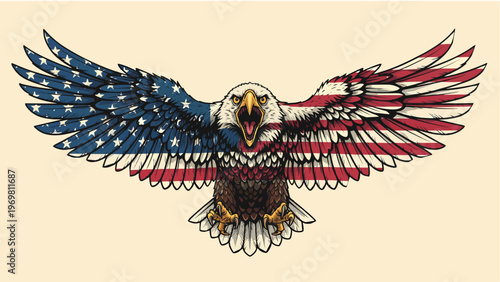 Patriotic American Flag Bald Eagle Vector Illustration, US Flag Wings Shield Emblem Mascot for Independence Day Freedom and Strength Design