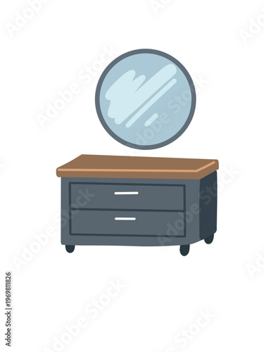 bathroom vanity cabinet with round mirror isolated on white background illustration