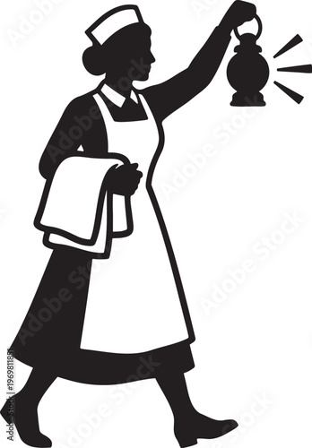 Fotografia Nurse holding a lantern walking silhouette vector illustration, historical medical care and lady with the lamp concept, vintage healthcare character isolated on white background