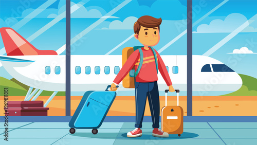 A young man with a backpack and two suitcases stands in an airport terminal, ready for travel, with an airplane visible through the large windows