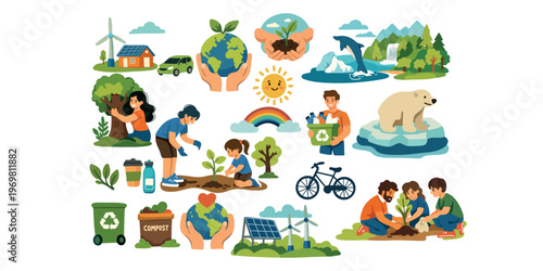 green planet set environmental care wildlife plants conservation vector