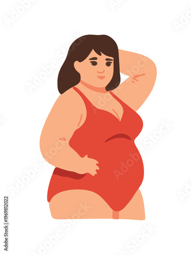 plus size woman body positive in red swimsuit confident summer illustration