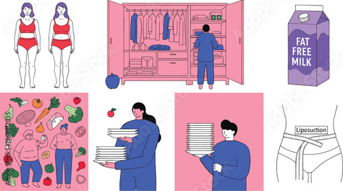 Weight loss and healthy lifestyle concept with body transformation, diet foods, fat free milk, clothing size change and daily routine vector illustration