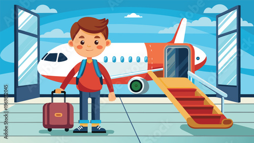 A young man with a backpack and two suitcases stands in an airport terminal, ready for travel, with an airplane visible through the large windows