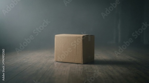 A plain cardboard box sits on a wooden floor in a dimly lit room, evoking a sense of mystery and anticipation for what's inside