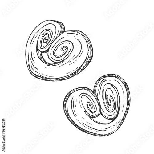 Palmier hand-drawn vector illustration. Sketch of a sweet pastry. Isolated object, element for label design, menus, recipes, bakery, and coffee shop.