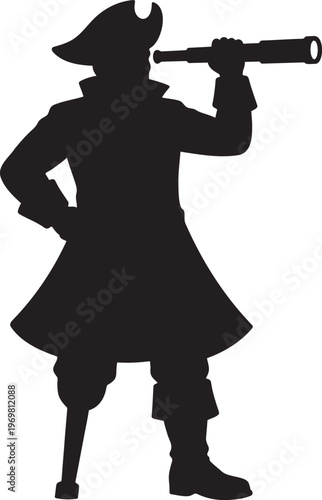 Pirate captain with peg leg looking through telescope silhouette vector illustration, maritime adventure and nautical seeker concept, black character isolated on white background.