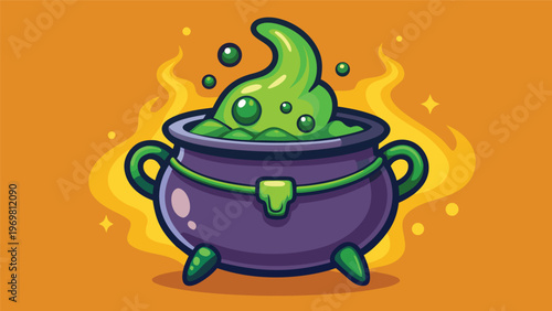 A bubbling cauldron filled with glowing green liquid, surrounded by flames and stars, evoking a magical or Halloween theme