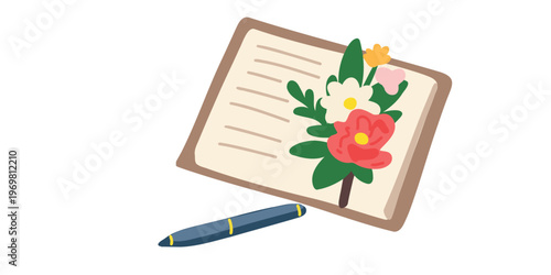 small flower boutonniere with notebook and pen