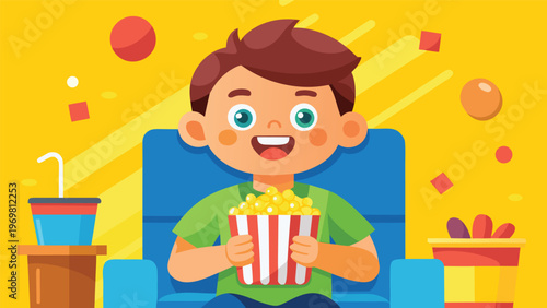 A cheerful boy sitting cross-legged with a bucket of popcorn, enjoying a movie with popcorn scattered around him