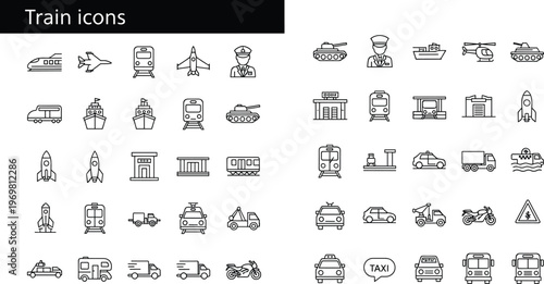 Transportation Icons Set with Trains, Planes, Cars, Boats, Rockets, and Vehicles for Urban and Travel Infrastructure