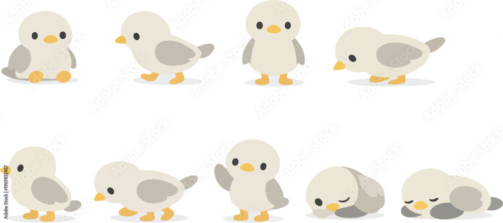 Fototapeta premium Charming Minimalist Bird Vector Set of 8 Cartoon Poses Sitting, Walking, Standing, Pecking, Stretching, Waving, Resting, Sleeping, Clean Flat Modern Design, High-Resolution Artwork