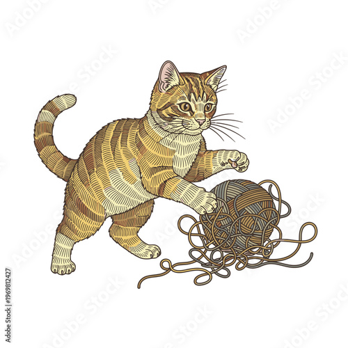 Curious cat playing with yarn ball.