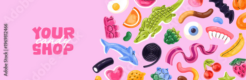 Design of advertising banner of jelly store with different gummy candies. Promotion template of confectionery shop with sour fruit marmalade, sweet gelatin treats on layout. Flat vector illustration