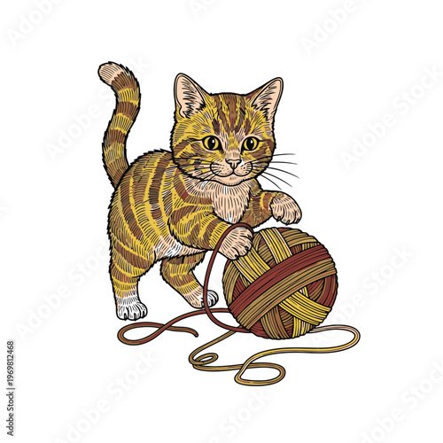 Playful cat with ball of yarn.