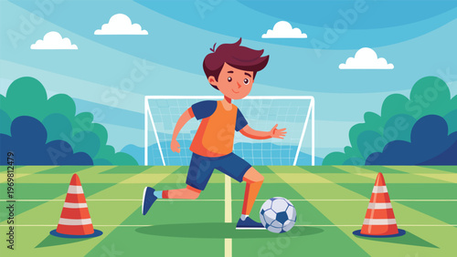 A young boy in an orange and blue uniform dribbles a soccer ball on a green field, with a goal and cones in the background under a bright sky