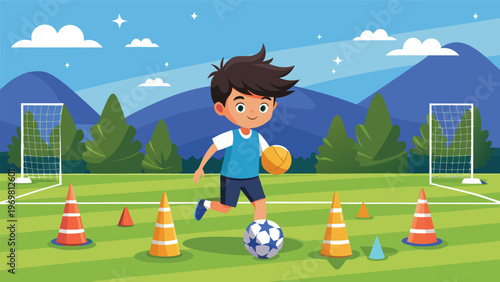 A young boy in an orange and blue uniform dribbles a soccer ball on a green field, with a goal and cones in the background under a bright sky