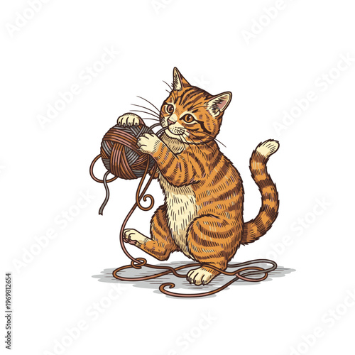 Playful cat with yarn ball toy.