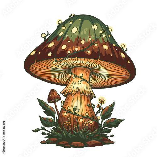 Whimsical illustration of a large mushroom.