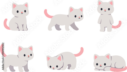 Cats Vector Illustration Set of 6 Cute Poses Sitting, Standing, Walking, Crouching, Playing, Resting, Flat Cartoon Style, Clean Modern Design, High-Resolution Artwork
