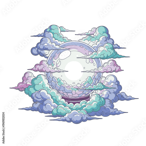 Fantasy clouds surround glowing orb.