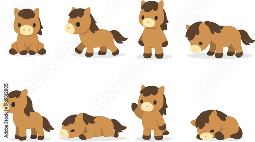 Horses Vector Illustration Set of 8 Cute Poses Sitting, Walking, Standing, Sniffing, Waving, Resting, Flat Cartoon Style, Clean Modern Design, High-Resolution Artwork