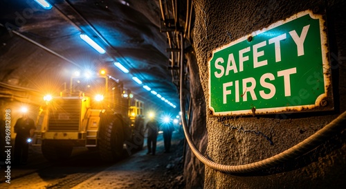 Safety first sign in underground mine with heavy equipment