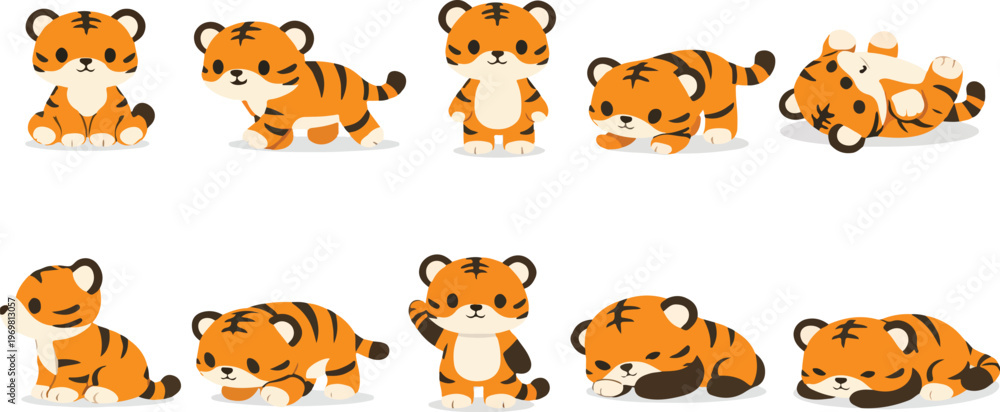 Obraz premium Cute Cartoon Tiger Clipart Set – Adorable Orange Baby Tigers in Playful Poses for Kids Designs