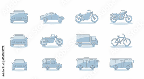 Transportation icons set. Car, motorcycle, truck, bus, bicycle.