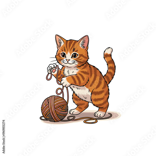Playful orange cat with yarn ball.