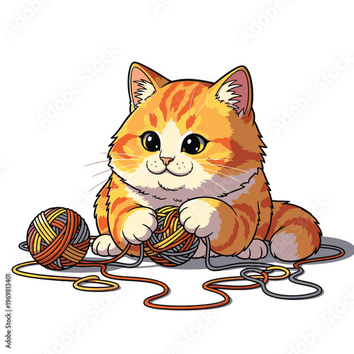 Cute orange cat playing with yarn 5.