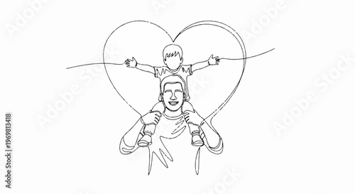 Father carrying son on shoulders in heart line drawing