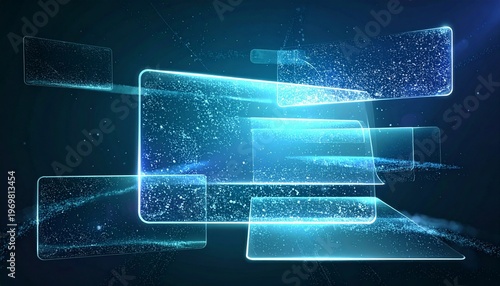 Floating holographic interface panels with luminous edges and subtle particle trails,