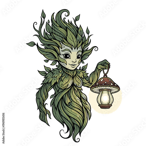 Whimsical Forest Spirit Holding Mushroom Lantern.