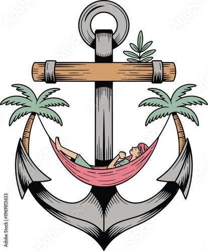 A person is resting in a hammock between palm trees and an anchor
