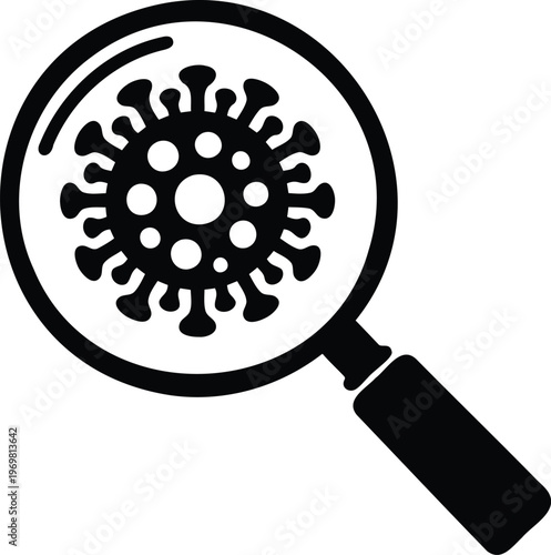 Black magnifying glass enlarging a virus cell icon for health and medical concepts  scientific research tool