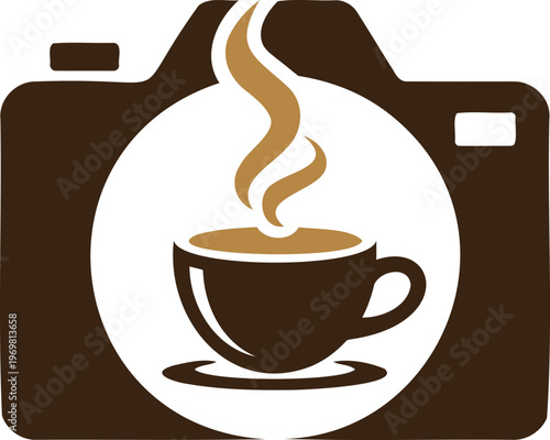 Brown coffee cup with steam rising on saucer in white circle on brown camera  symbol