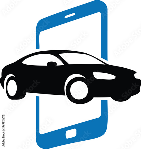 Blue smartphone with black car on screen isolated on white background
