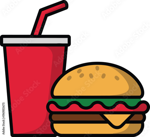 Cartoon fast food meal with a hamburger and a soda cup with straw